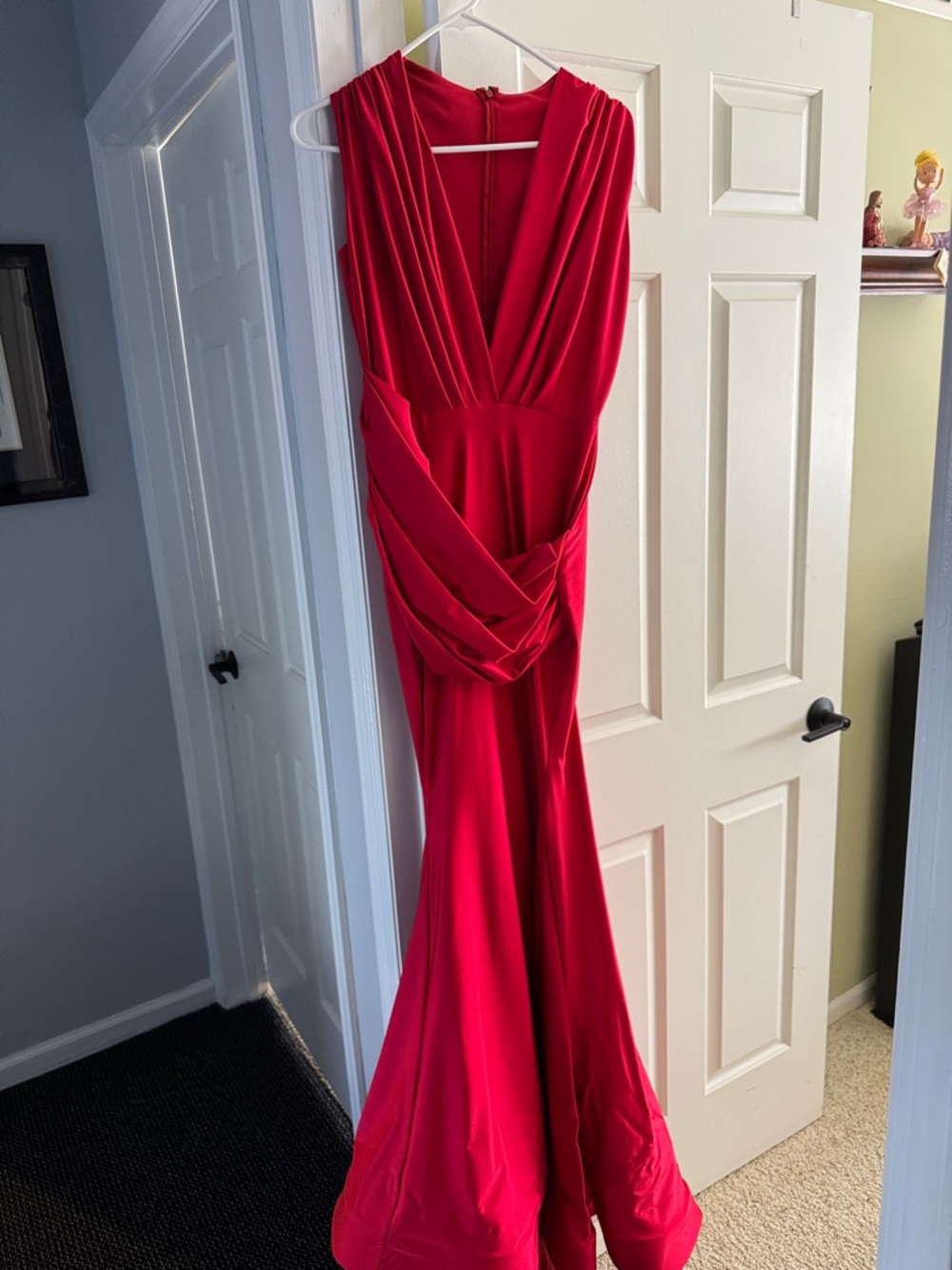 Red Draped V-Neck Evening Dress